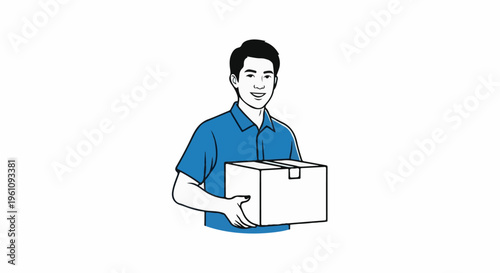 Smiling person in blue shirt holding a delivery box