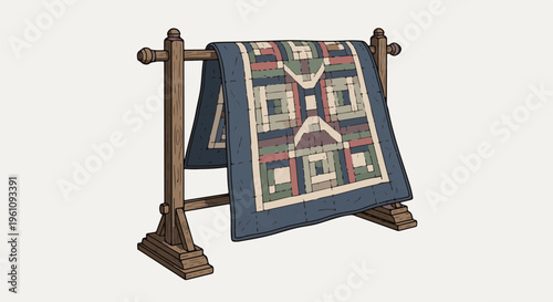 Rustic wooden frame displays a patterned quilt with geometric design