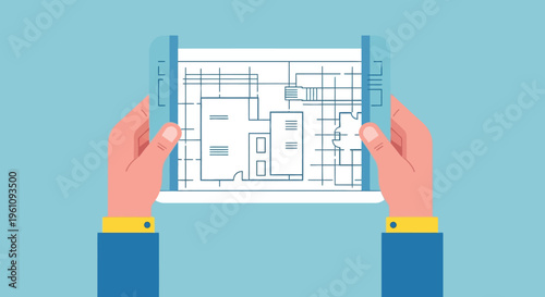 Hands Holding Digital Tablet with Architectural Blueprint Vector Illustration - Modern Construction Planning Concept