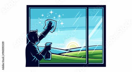 Silhouette of a person cleaning a window to reveal a bright, sunny landscape