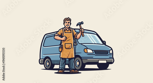 Smiling repairman with hammer and blue van