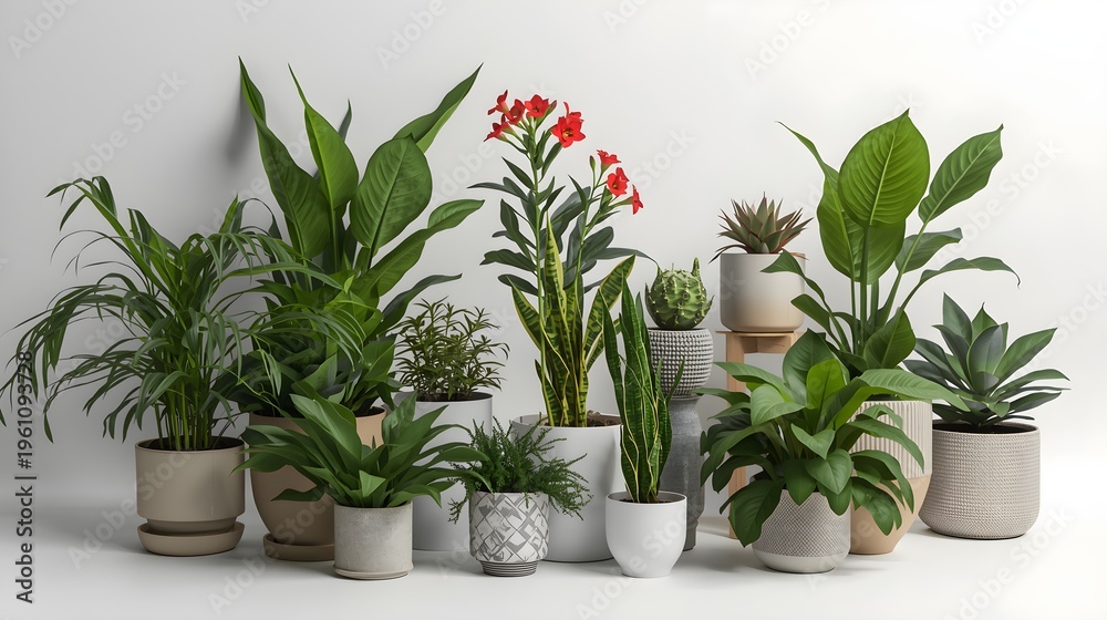 Fototapeta premium Modern indoor potted plants collection in neutral ceramic pots on white shelf for home decor