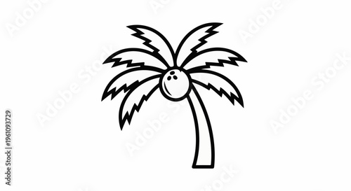 Stylized black and white outline of a coconut palm tree with a single fruit
