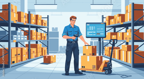 A warehouse worker stands beside a pallet jack surrounded by stacked boxes on shelving units in a large storage facility with industrial lighting.