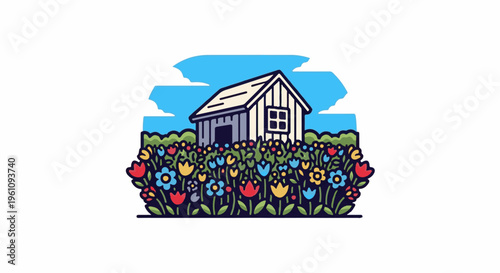 Small rustic wooden shed nestled in a vibrant field of colorful flowers under a bright blue sky