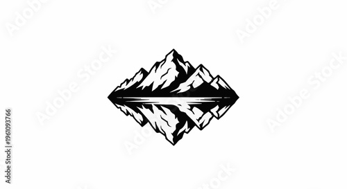 Stylized black and white mountain peaks reflected in still water