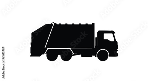 Black silhouette of a garbage truck viewed from its side profile