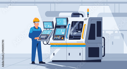 An industrial worker in blue overalls and a yellow hard hat operates a control panel next to a large industrial machine with screens in a modern factory setting with a predominantly blue