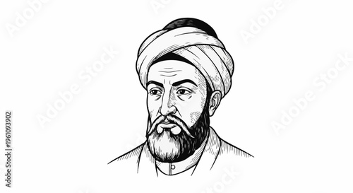 Stylized black and white portrait of a man with a turban and beard