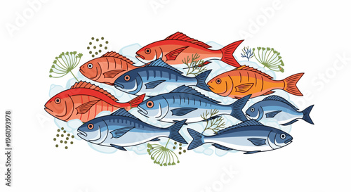 School of colorful fish swimming amidst aquatic plants and bubbles