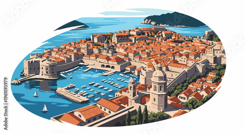 Stylized aerial view of a coastal city with red-tiled roofs and a harbor