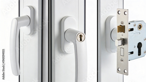 Contemporary white PVC window and door handles with an exposed metal security lock mechanism offering a detailed look at modern home hardware and safety features.