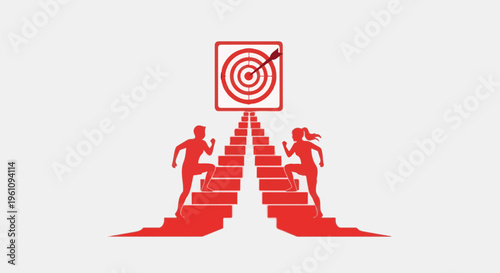 Silhouettes of a man and woman climbing stairs towards a bullseye target