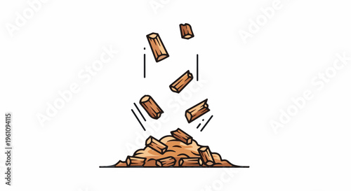 Small wooden logs falling into a pile of sawdust