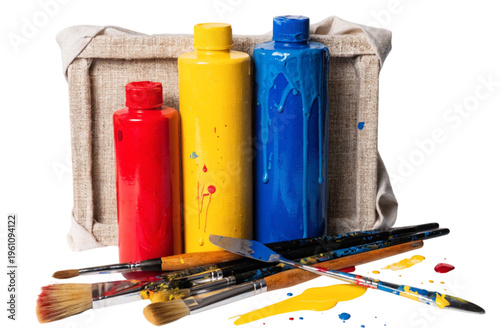 Art supplies with canvas red yellow and blue paint Transparent Background