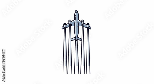 Stylized airplane in flight, trailing smoke plumes downwards