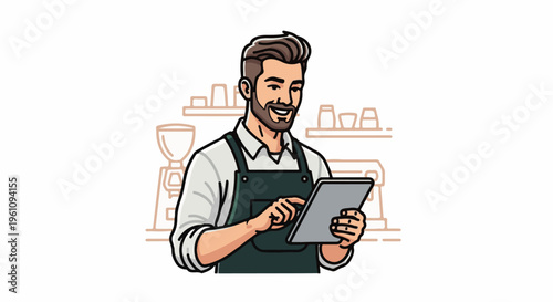 Smiling barista in apron uses tablet computer in coffee shop