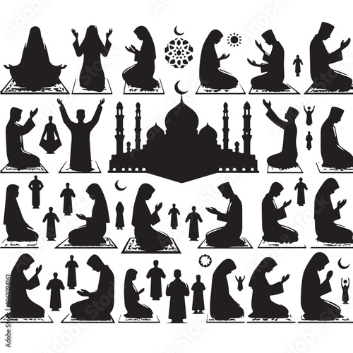 Black Eid prayer Silhouette Vector, High Quality Illustration on White Background