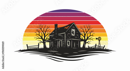 Silhouette of a rustic farm scene with a vintage windmill under a sunset