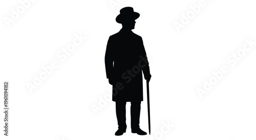 Silhouette of a man in a hat coat and holding a walking stick