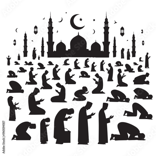 Black Eid prayer Silhouette Vector, High Quality Illustration on White Background
