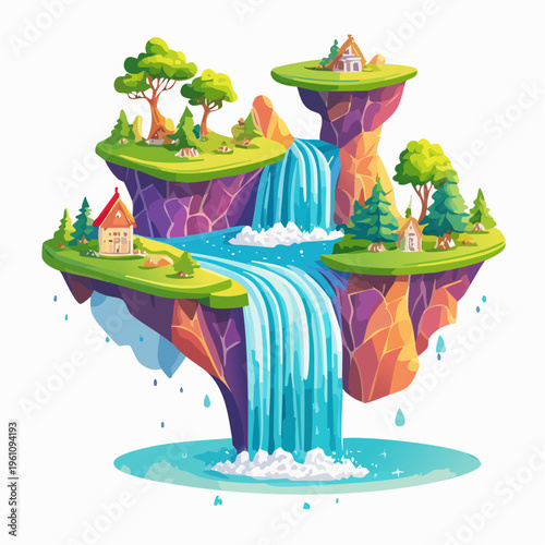 Archipelago of floating islands with waterfalls and houses