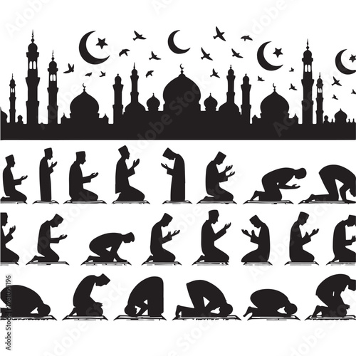Black Eid prayer Silhouette Vector, High Quality Illustration on White Background