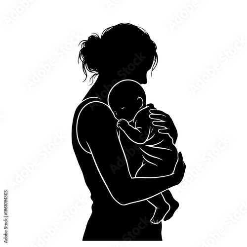 Mother Holding Infant Silhouette. Caring Mom and Baby Mother’s Day Concept Vector Illustration