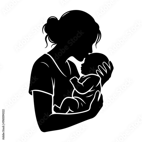 Mother and Baby Silhouette. Loving Mom Holding Newborn Child Mother’s Day Concept Vector Illustration