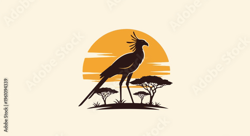 Silhouette of a secretary bird standing tall against a stylized African sunset