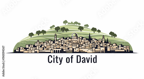 Stylized ancient city skyline nestled on a green, rolling hill under trees