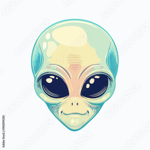 Detailed alien head with dark eyes and greenish skin with the facial features