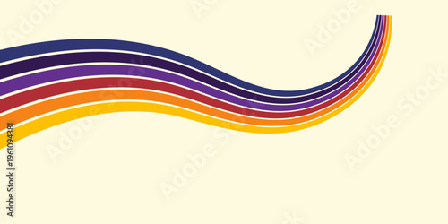 Abstract colorful 70s background vector. Vintage retro wallpaper with rainbow stripes and wavy lines. A 1970 color illustration suitable for posters, banners, decorative items and wall art.