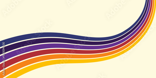 Abstract colorful 70s background vector. Vintage retro wallpaper with rainbow stripes and wavy lines. A 1970 color illustration suitable for posters, banners, decorative items and wall art.