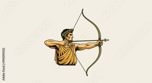 Stylized ancient warrior with laurel wreath draws a bow and arrow