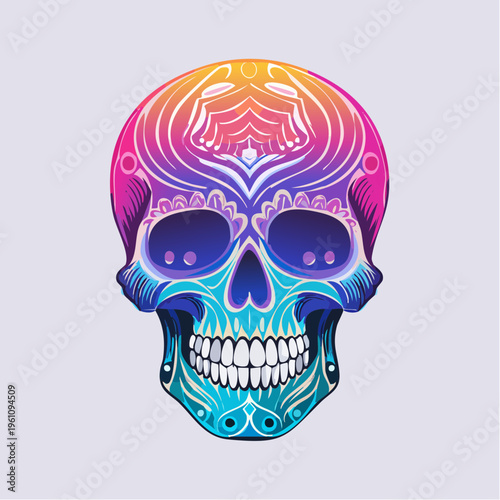 Colorful sugar skull illustration with psychedelic patterns and drips