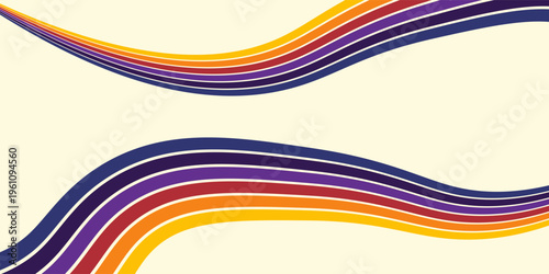 Abstract colorful 70s background vector. Vintage retro wallpaper with rainbow stripes and wavy lines. A 1970 color illustration suitable for posters, banners, decorative items and wall art.