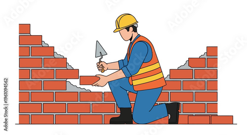 Construction Worker Building a Brick Wall Illustration - Professional Mason Laying Bricks with Trowel. Flat Design Vector Art for Industry and Labor Concepts.