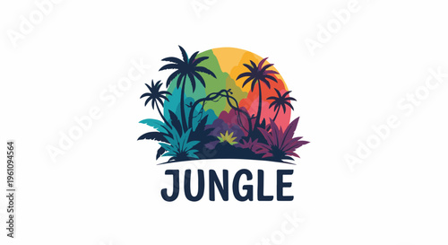 Silhouette of a vibrant, colorful jungle scene with palm trees and text