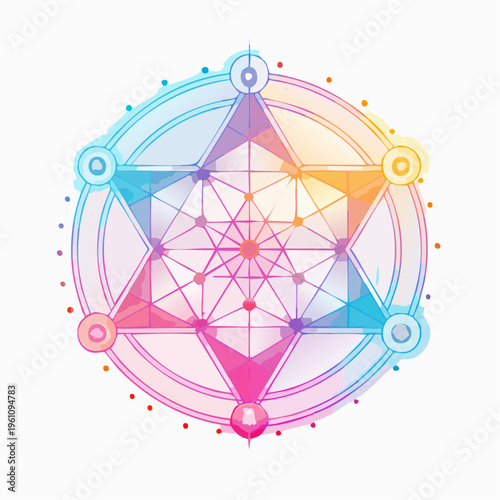 Abstract geometric sacred geometry pattern with rainbow watercolor effect