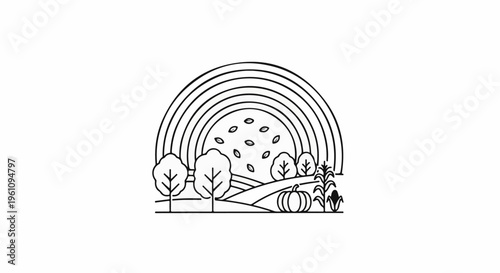 Stylized arc over autumnal landscape with trees, pumpkin, and corn