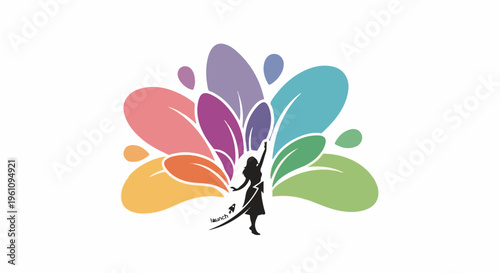 Silhouette of a woman with arms outstretched against colorful, abstract petal-like shapes