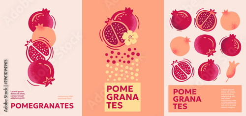 Stylized pomegranate illustrations with bold shapes and grainy texture arranged in modern poster layouts. Warm color palette and graphic composition create a fresh, artistic look for food branding and