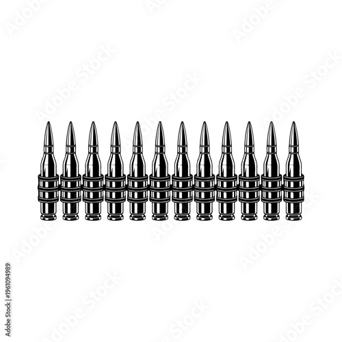 A black and white vector illustration of a military ammunition belt loaded with rifle cartridges. A clean, detailed silhouette for tactical and ballistic concepts.