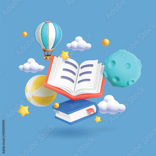 3D vector banner with open and closed book in plasticine clouds stars planet air balloon. Literacy Day, World Book Day. Bright children's design. Illustration.