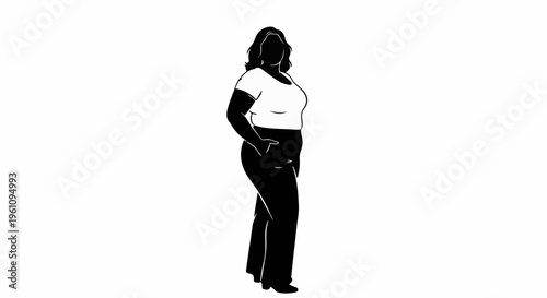 Silhouette of a woman with curvy figure, wearing a t-shirt and trousers