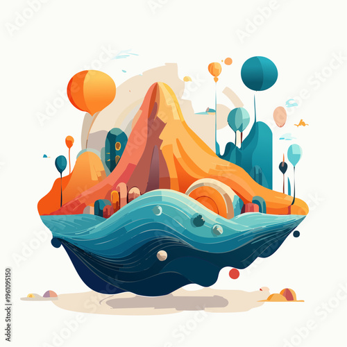 Surreal floating island art, abstract landscape, colorful nature