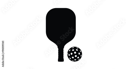 Black silhouette of a pickleball paddle and ball on white background