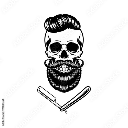 A black and white vector illustration of a skull with a stylish haircut, mustache, and full beard, positioned above a straight razor. A classic barbershop mascot.