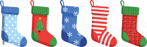 Christmas stocking collection with festive patterns, holiday socks with snowflakes, stripes and decorations, winter celebration vector illustration set isolated